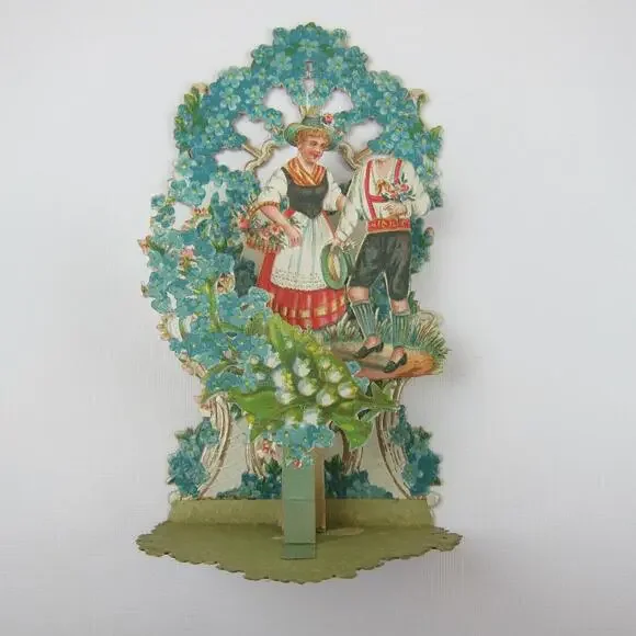 Vintage Valentine 3D Pop Up Die Cut German Girl Red Boy Lederhosen Blue Flowers - Picture 9 of 12